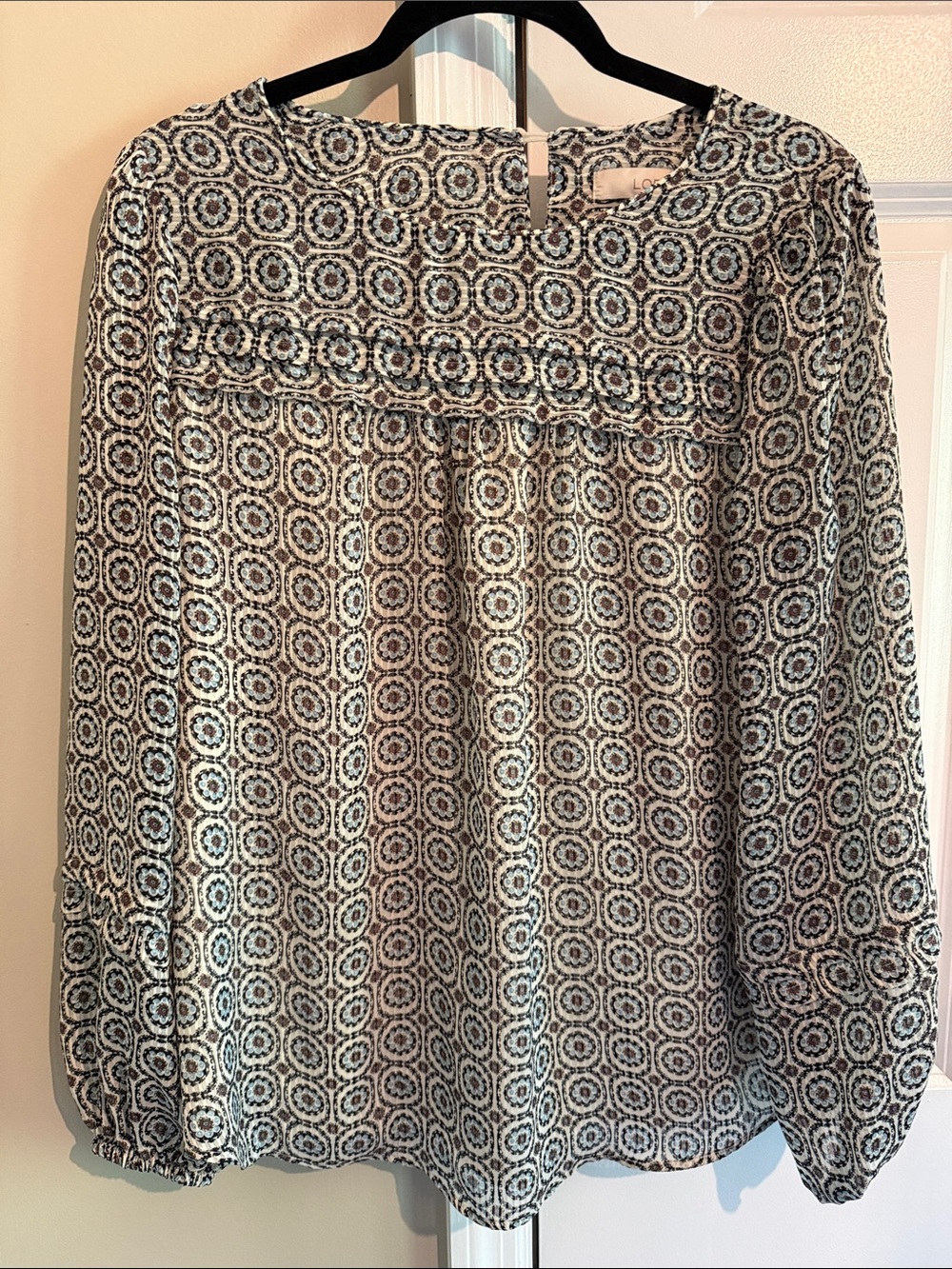 LOFT Blue and White Geometric Long-Sleeve Blouse